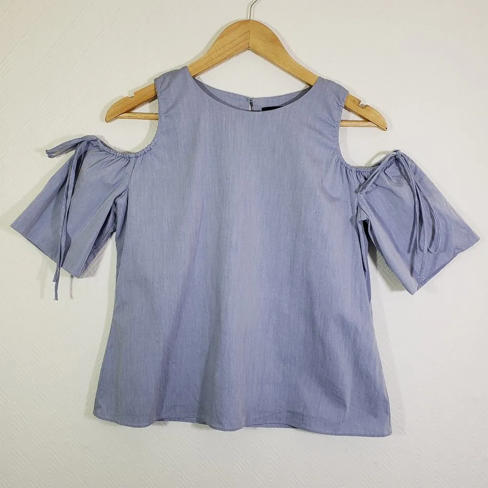 SAKS 5TH AVENUE Small Blue Cold Shoulder, Split Back, Round Neckline Top - Image 10