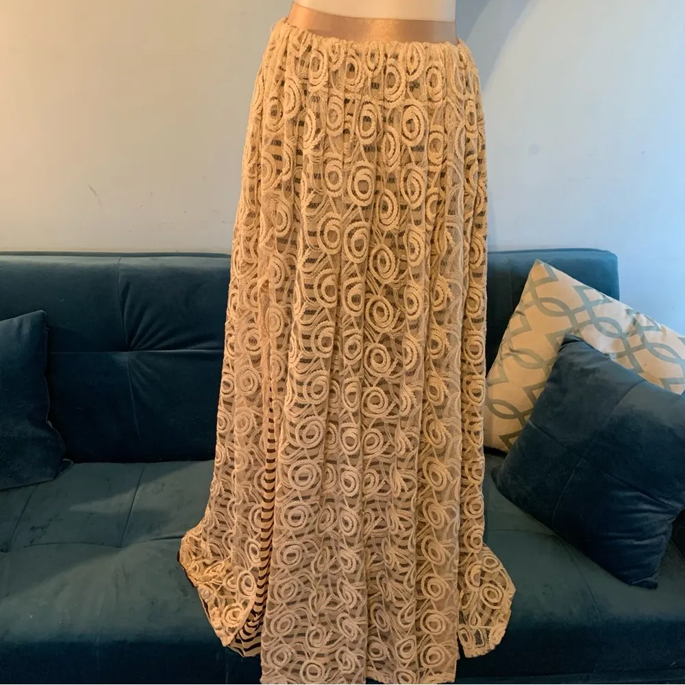 Fracomina lace maxi skirt 42 s small beige EUC striped lined slit Size 2 - Image 11