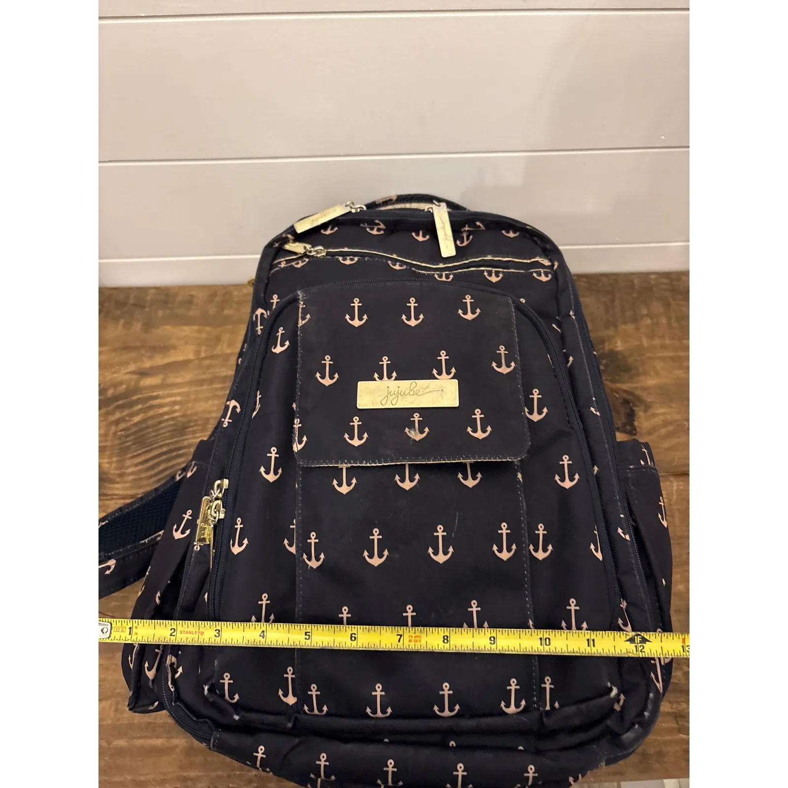 JuJuBe Navy Anchor Print Backpack Diaper Bag Gold Hardware Blue - Image 7