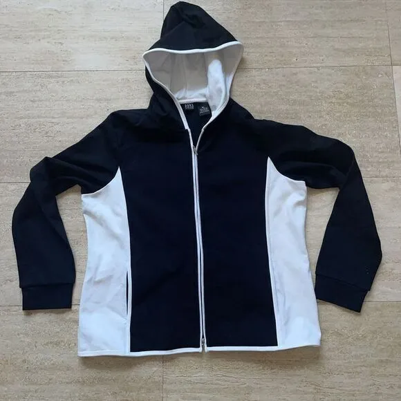 Saks Fifth Avenue Women's Hoodie‎ Long Sleeves Full Zip Black White Block XL - Image 3