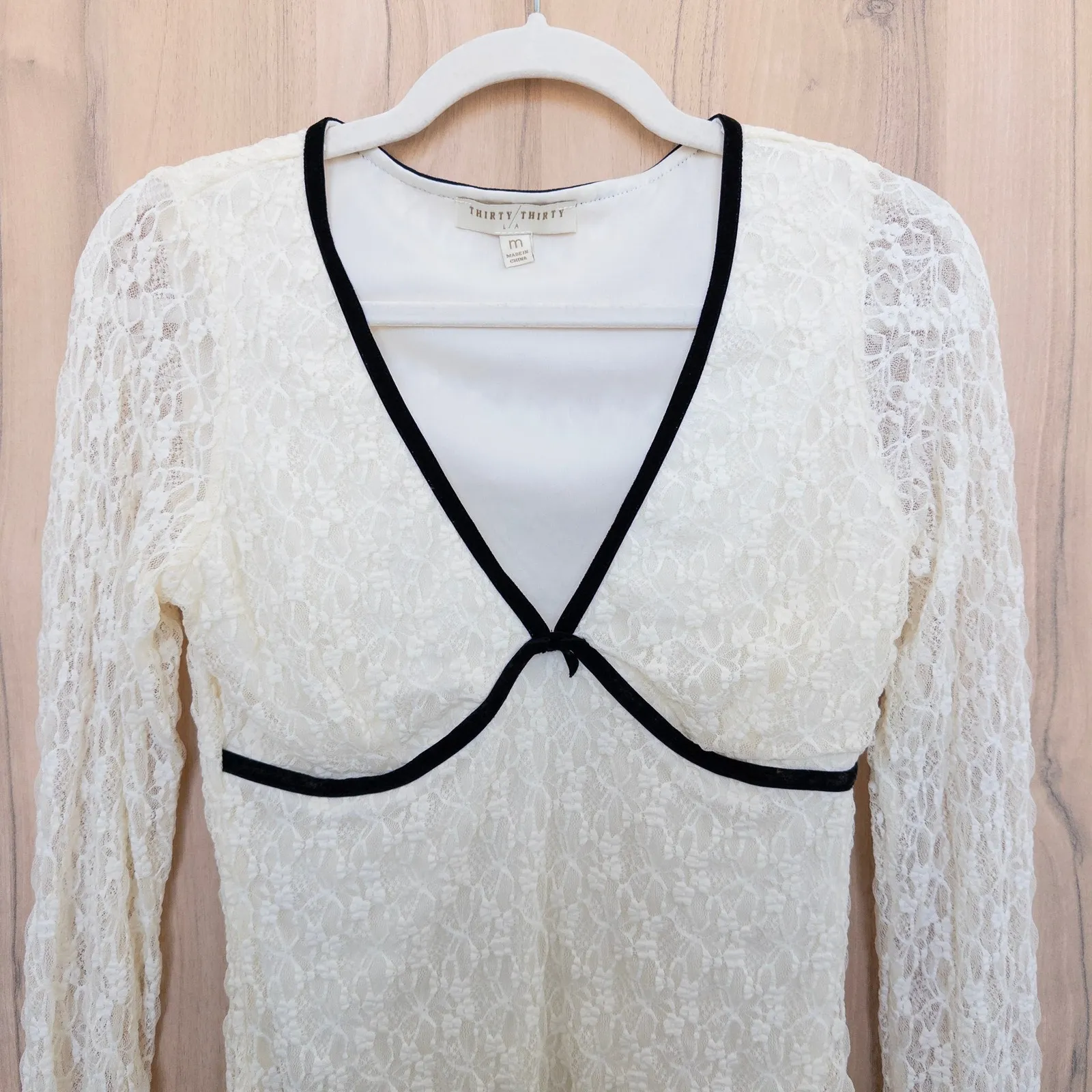 Y2K Thirty Thirty Lace Long Sleeve Mesh Top Sz M Cream Coquette Romantic Ballet Black Size M - Image 2