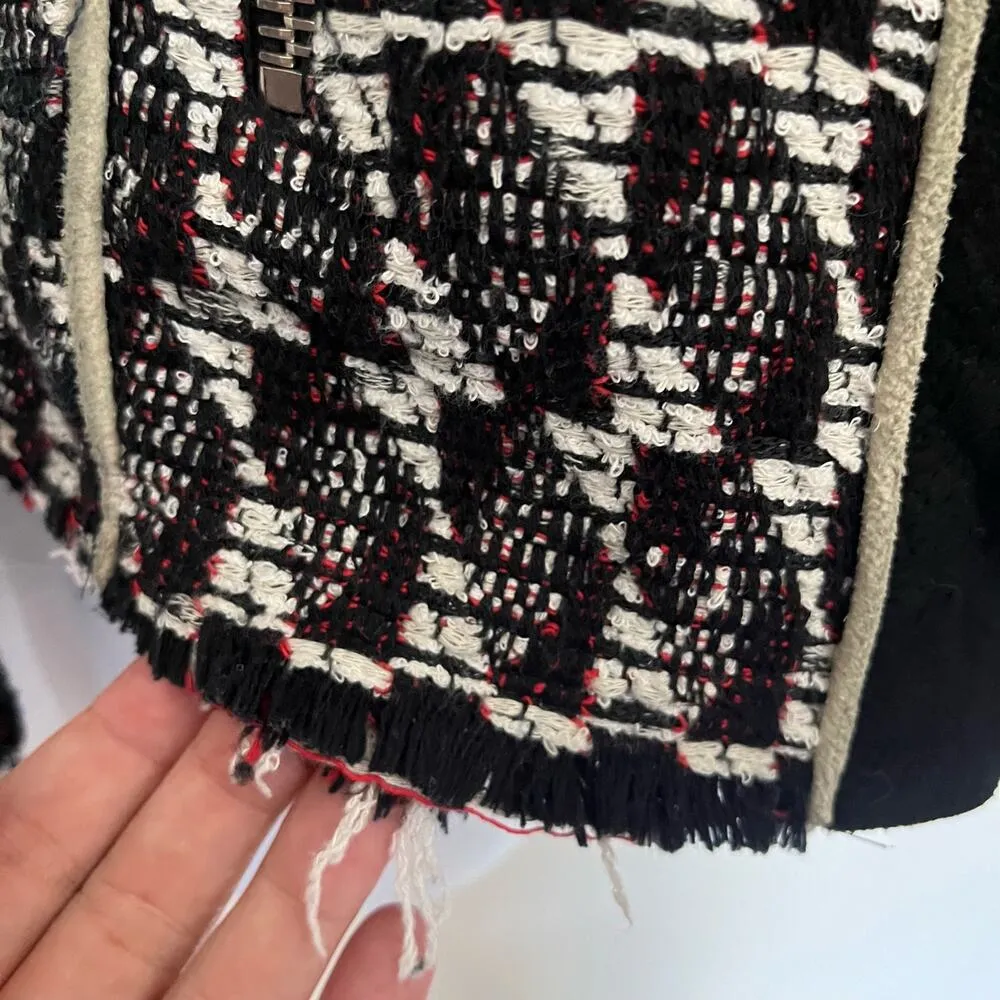 IRO Kamber Tweed Zip Sweater Jacket  Sz US 6 38 Black White Crop Moto Fringe - Image 9