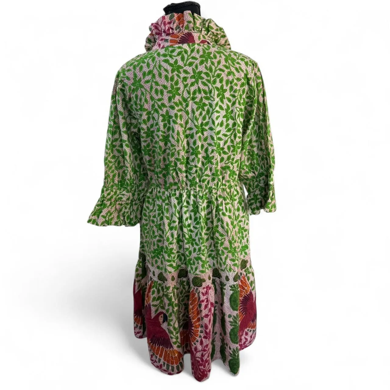 Be Boho Natural Wear Dress with Green Leaf and Parrot pattern Sz S - Image 2