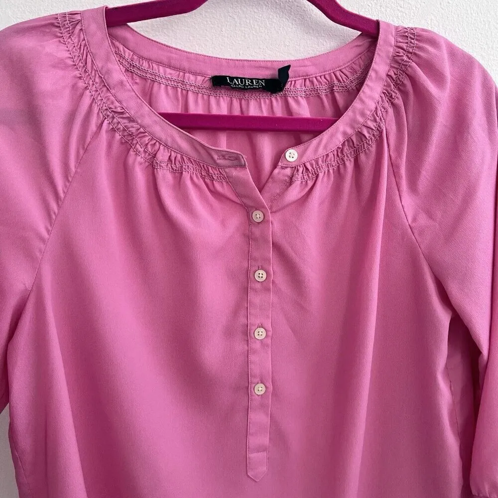 Lauren Ralph Lauren Pink Popover Blouse top XSmall 3/4 Sleeve button shirt NEW - Image 4
