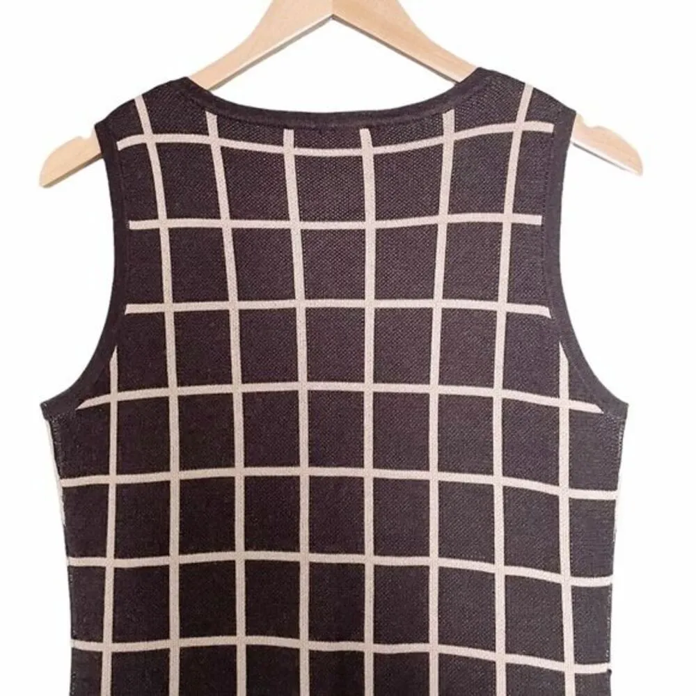 Adrienne Vittadini Sweater Knit Dress Gray Cream Windowpane Plaid Size Medium - Image 5