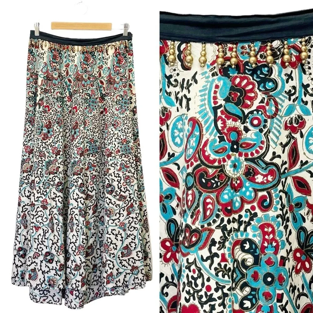 Coldwater Creek Size Medium Maxi Skirt Beaded Trim Peasant Boho Black Red Aqua - Image 2