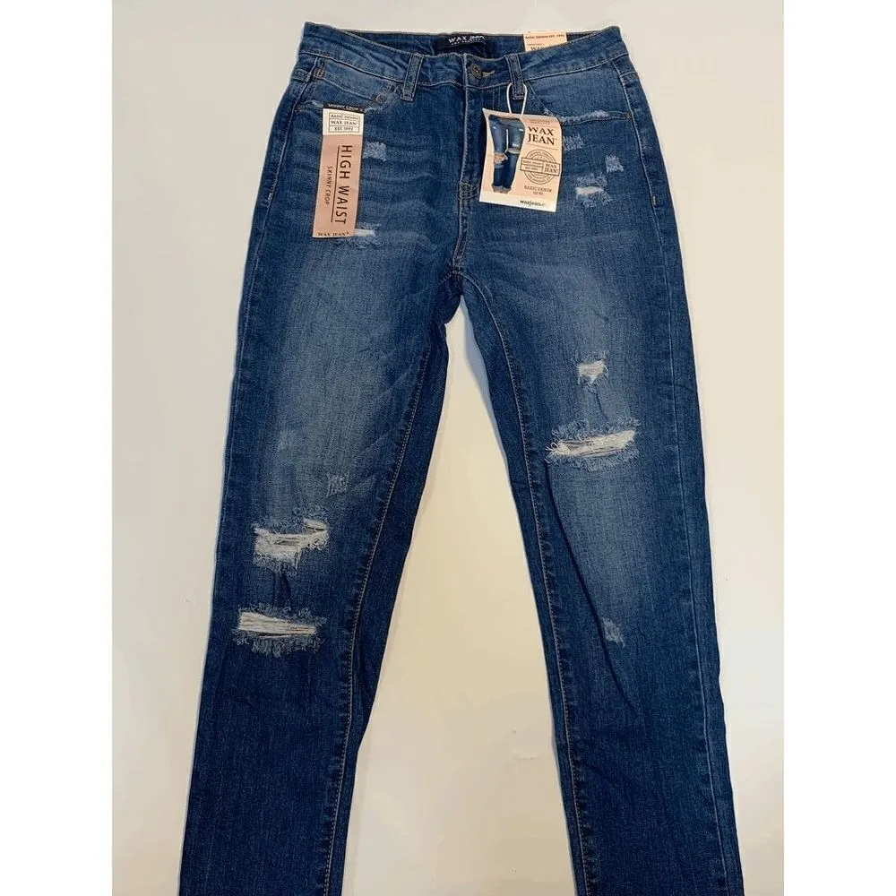 Wax Jeans Women's High Waist Distress Slim Straight Stretch Denim Jeans Waist Si - Image 2