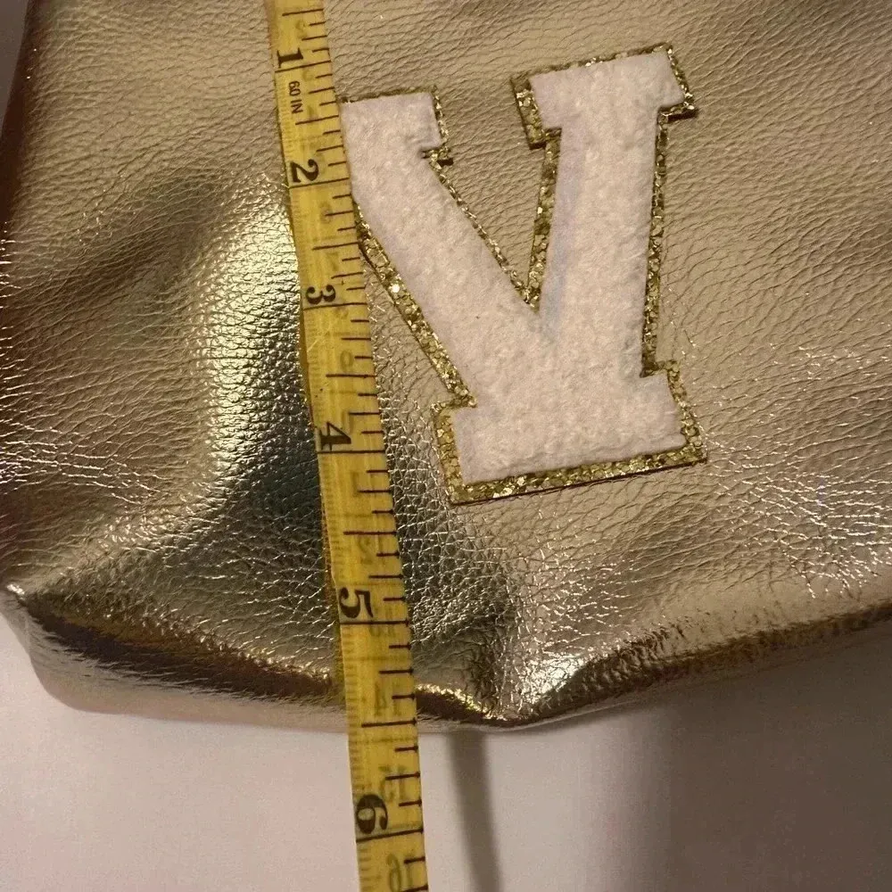 Gold Metallic Cosmetic Bag with V Stitch Detail - Image 4