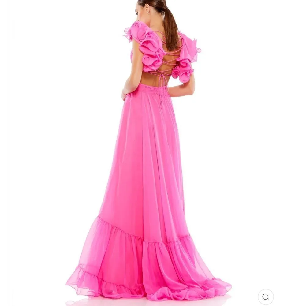 NWT Mac Duggal Ruffle Tiered Cut Out Chiffon Gown 67911 Hot Pink Size  4 - Image 4