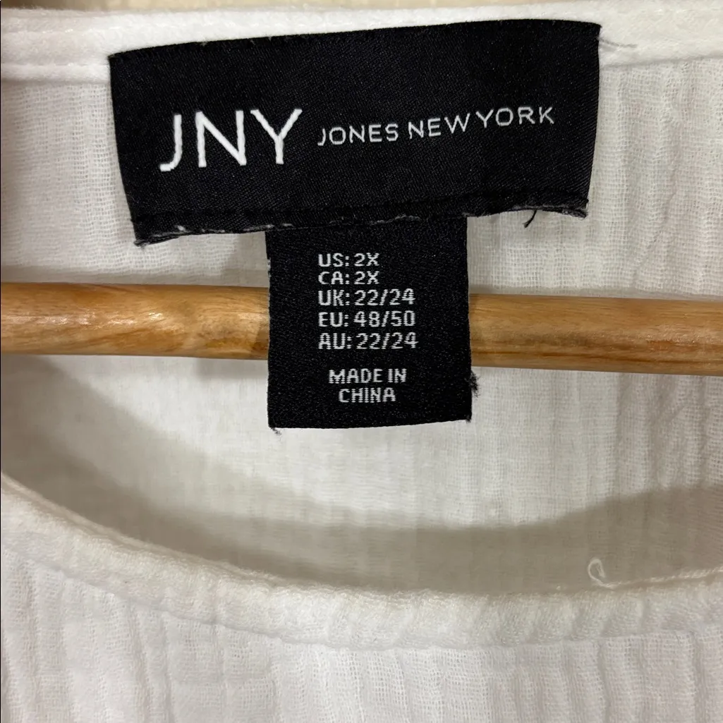Jones New York Flowy Cotton Gauze White Blouse with Black Trim Size 2X - Image 3