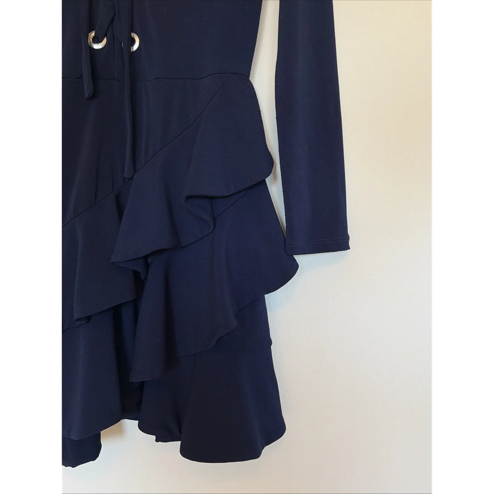 NBD Revolve Navy Blue Lace Up Long Sleeved Asymmetrical Tiered Ruffle Dress Med - Image 3