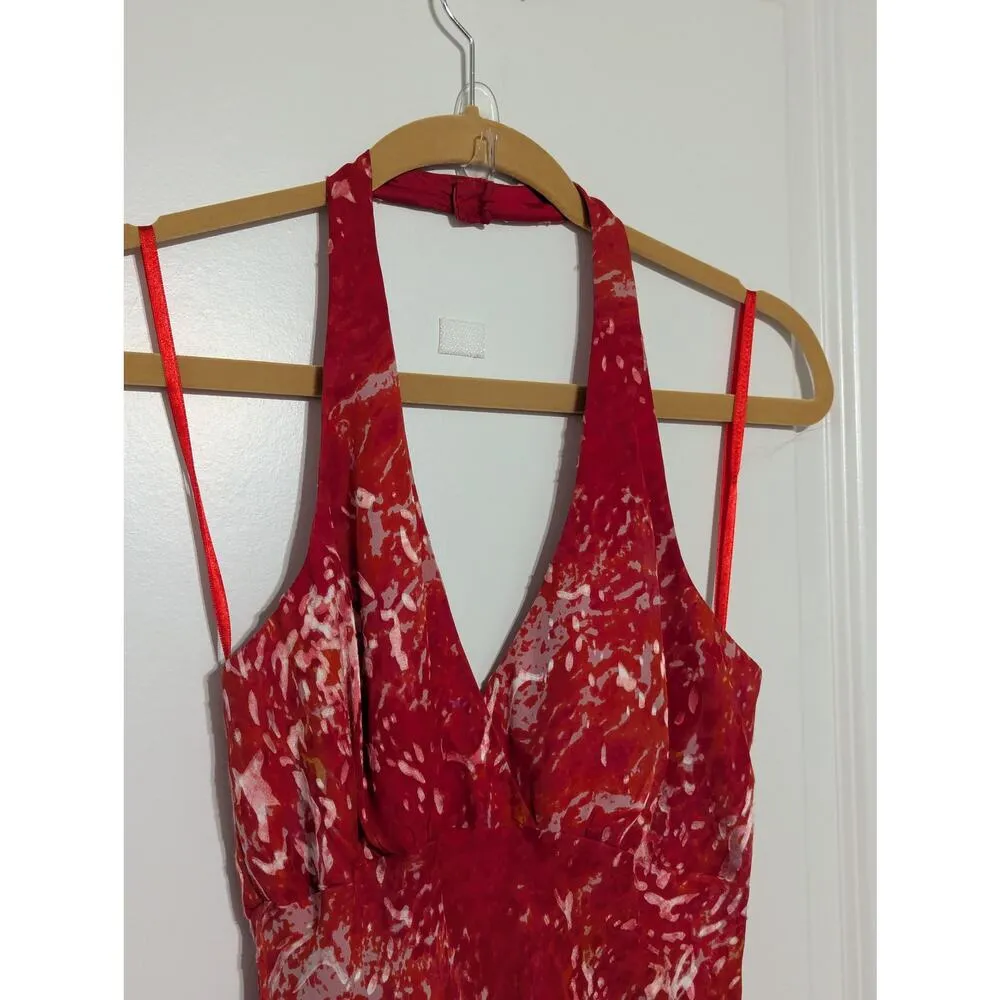 Vintage Y2K Silk Velvet Burnout Halter Dress Red Handkerchief Hem Red Bimbo Pink Size 8 - Image 8