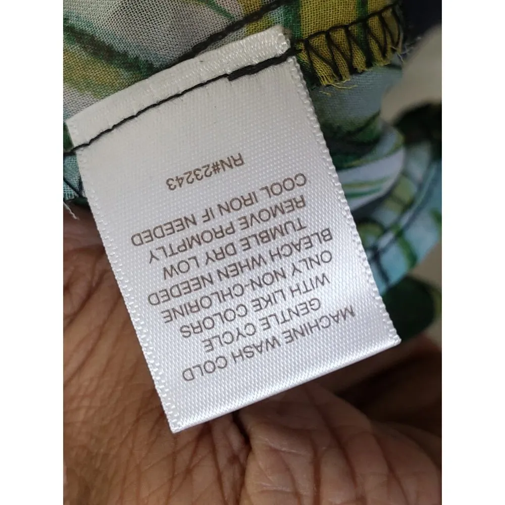 Eva Mendes Button Down Shirt Women's S Multi Palm Leaf Sheer High Collar Tie Green - Image 7