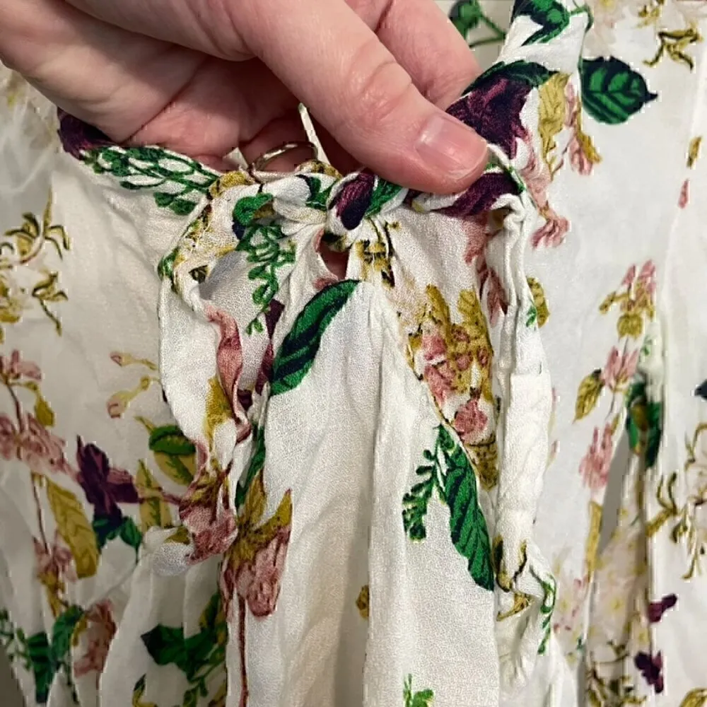 LUCKY BRAND Malia Peasant Top White Green Floral V-Neck Cutout Tie Long Sleeve - Image 7