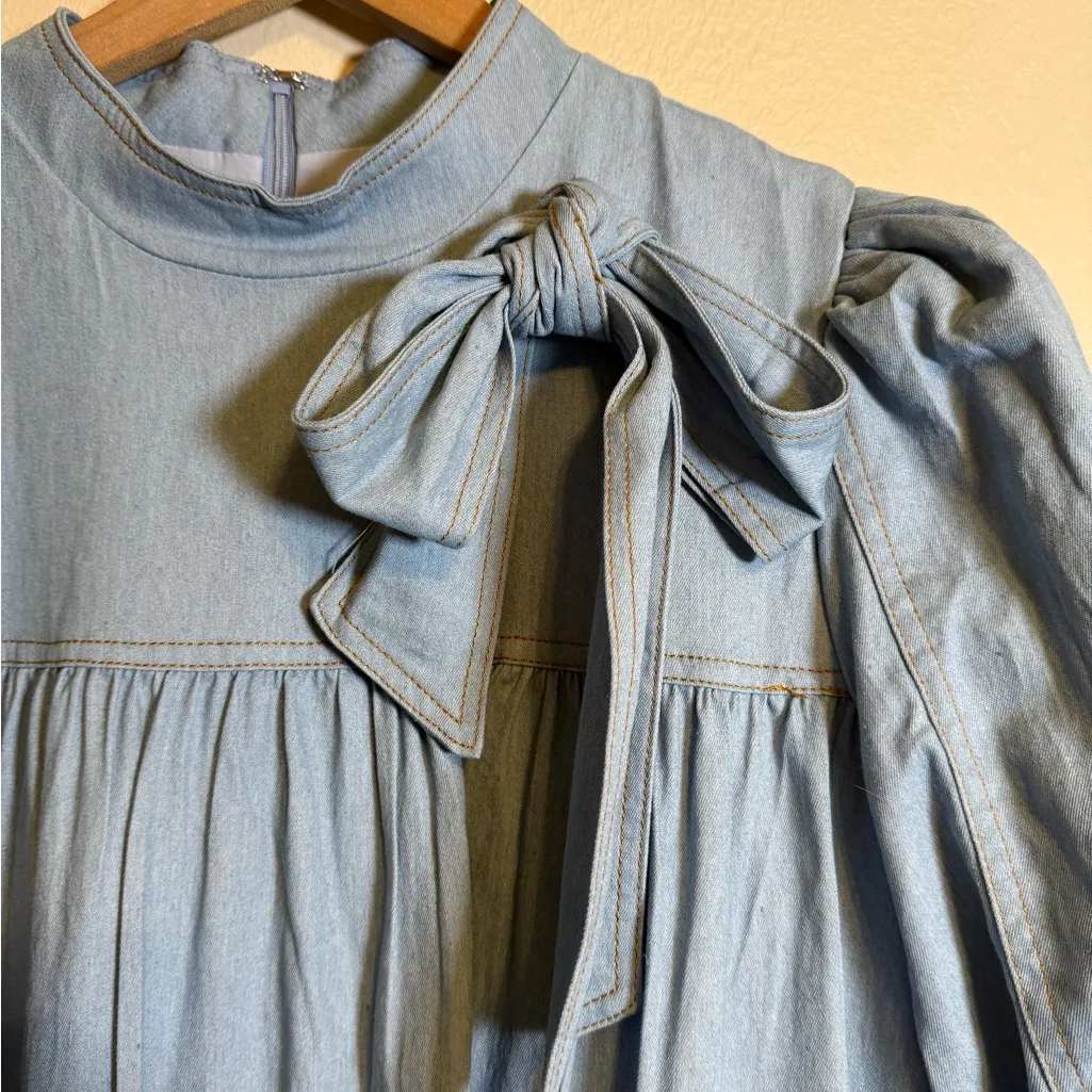 Tcec Light Denim Bow Puff Sleeve Dress - Image 3