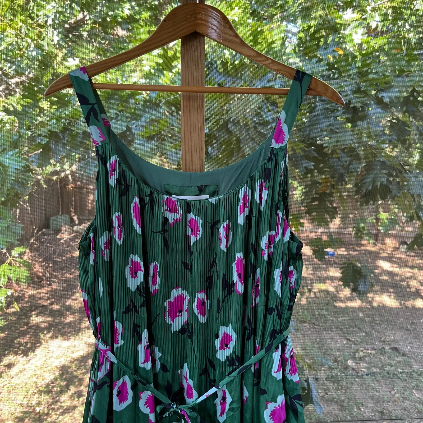Anthropologie Mireille Green And Pink Floral Satin Pleated Midi Dress Size L - Image 4