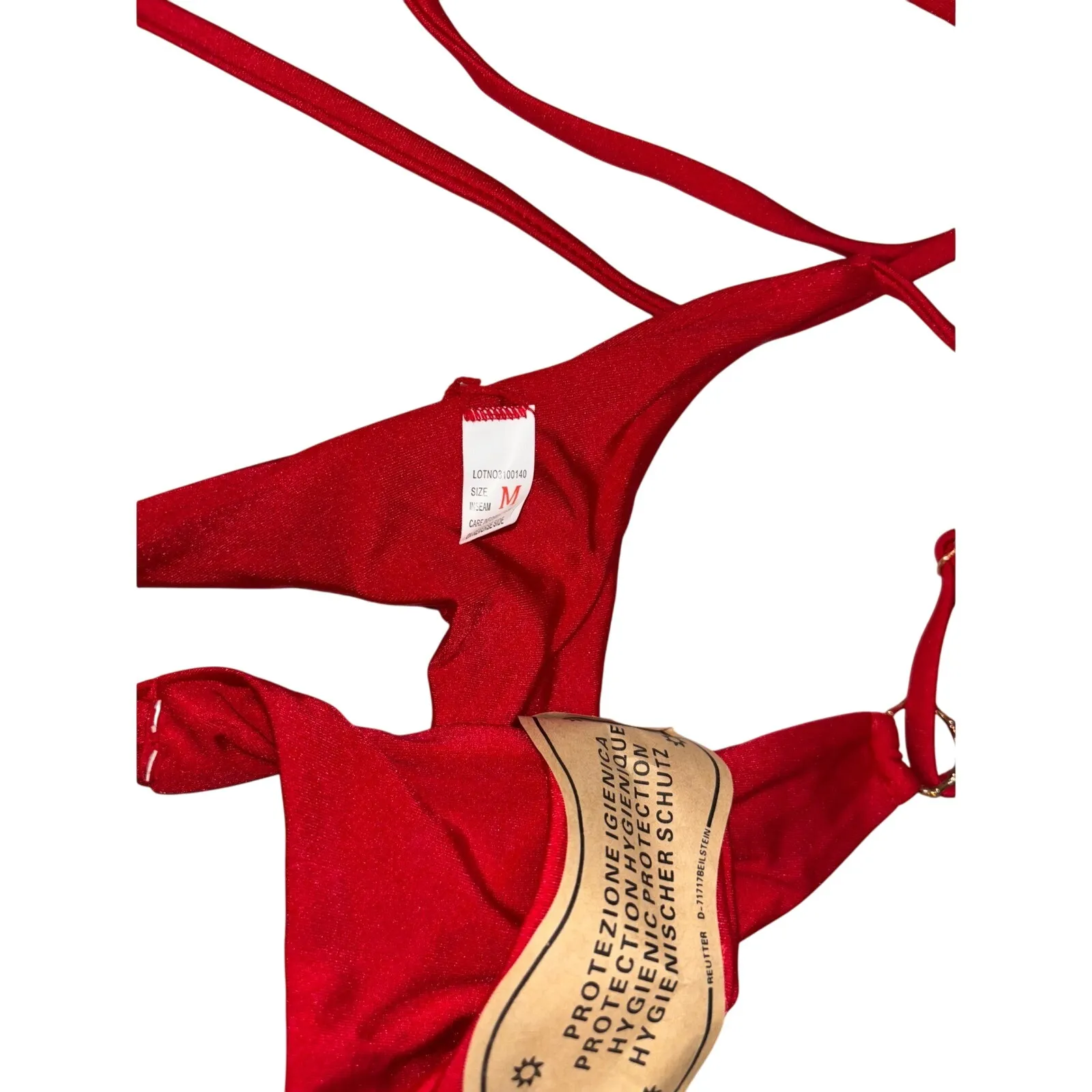 Red Bikini Set Medium String Tie Triangle Swimsuit Ring Detail Sexy Beachwear - Image 5