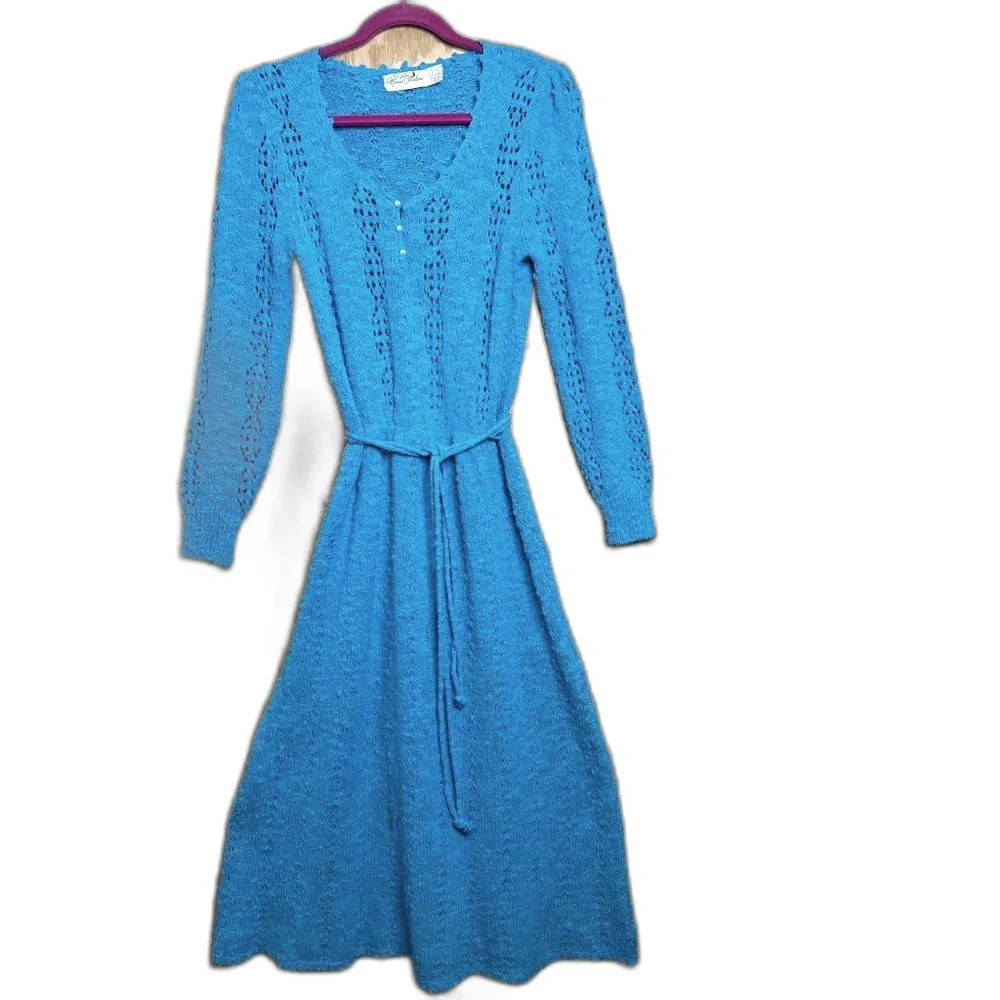 Vintage Marisa Christina Elegant Nubby Knit Blue Sweater Dress L Secretary Retro Size L - Image 2