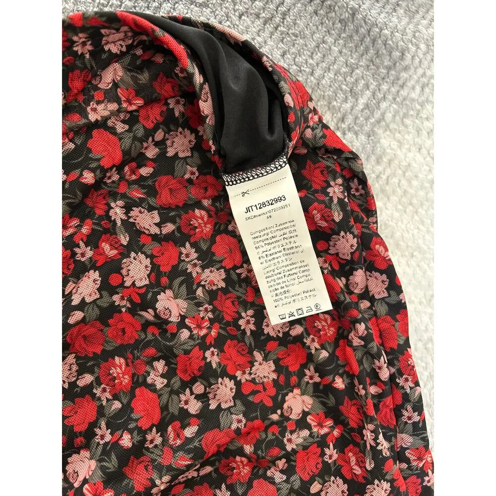 Shein Red Floral Print Lettuce Trim Mesh Bodycon Lined High Waist Skirt Size XL - Image 6