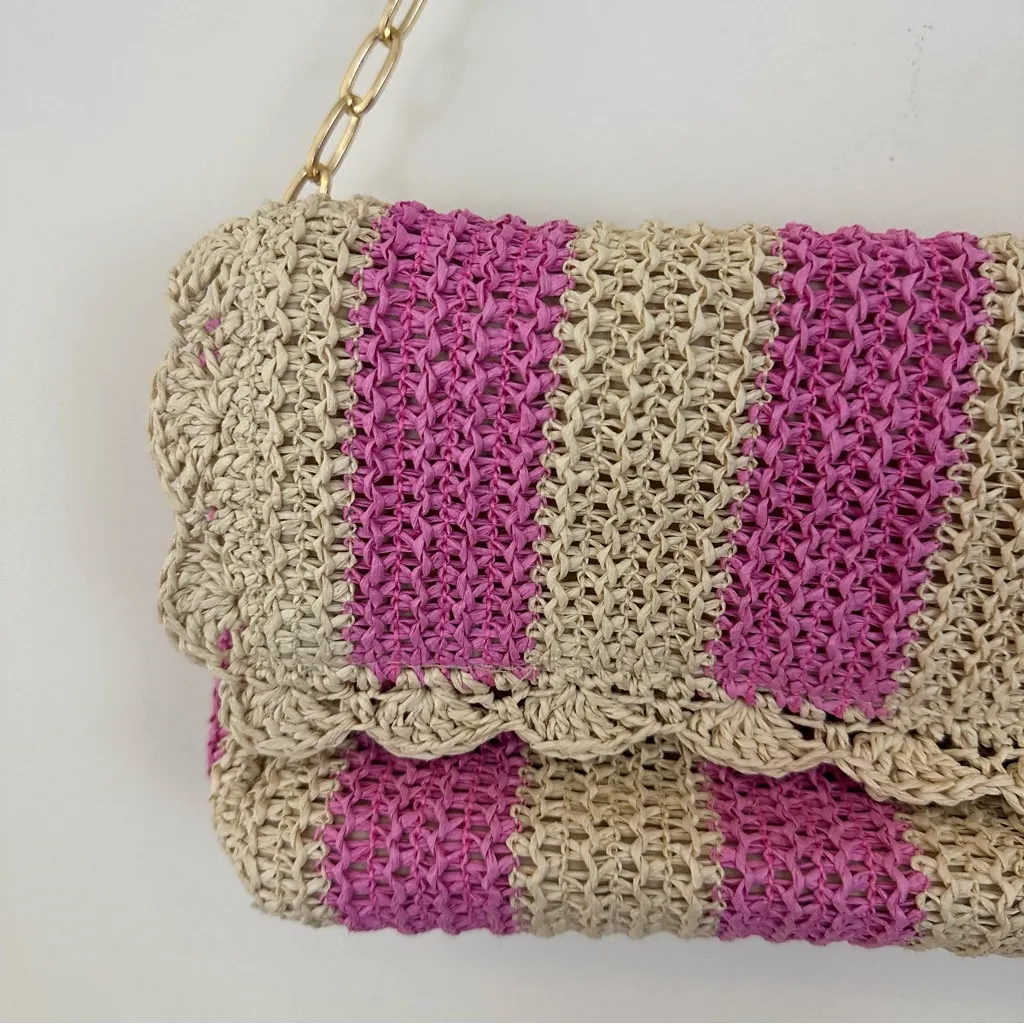 Shiraleah Pink and Cream Striped Sandy Paper Straw Shoulder Bag Chain Strap - Image 3