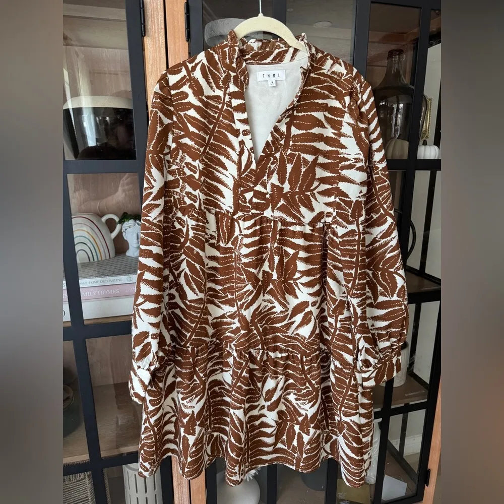 THML long sleeve dress tiered palm print pocket tiered ruffle teacher fall vneck - Image 2