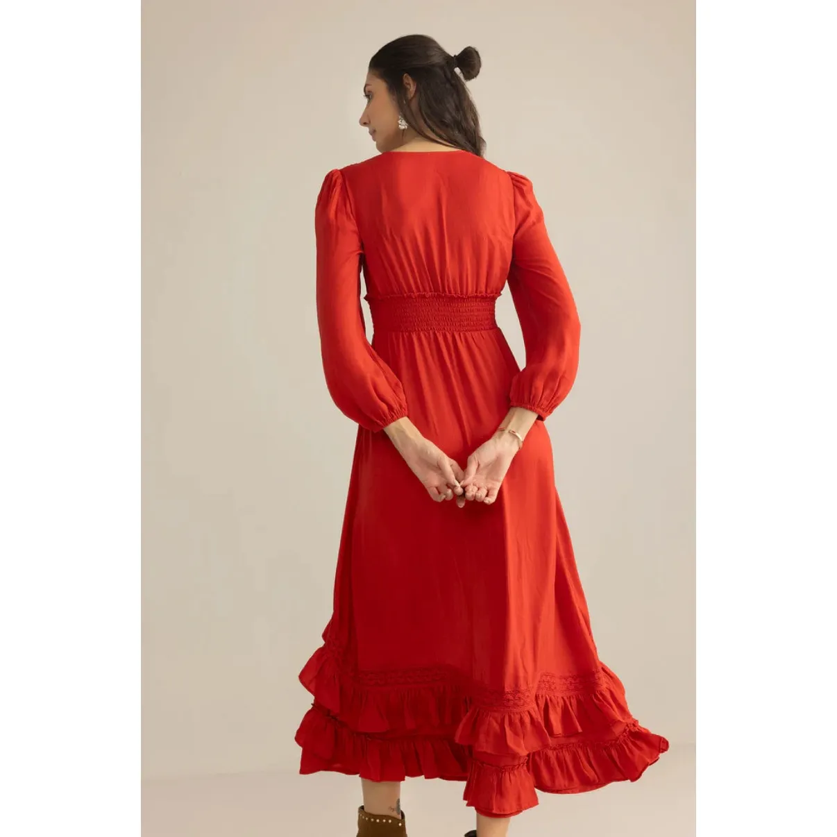 NWT Boutique Boho Women's Rouge Satin Ruffle Midi Dress by Bohera Red Size XL - Image 4