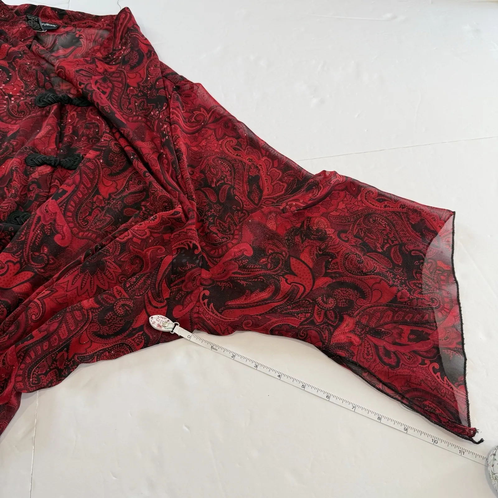 Maggie Barnes Red Black Paisley Glitter Sheer 3/4 Sleeve Button Blouse Size 5X - Image 10