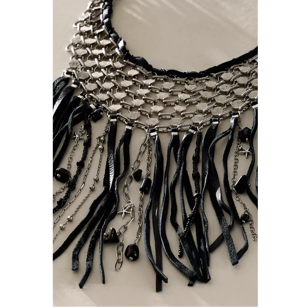 Free People Bohemian Western Grunge Bib Cranston Fringe Necklace NWT Leather - Image 5