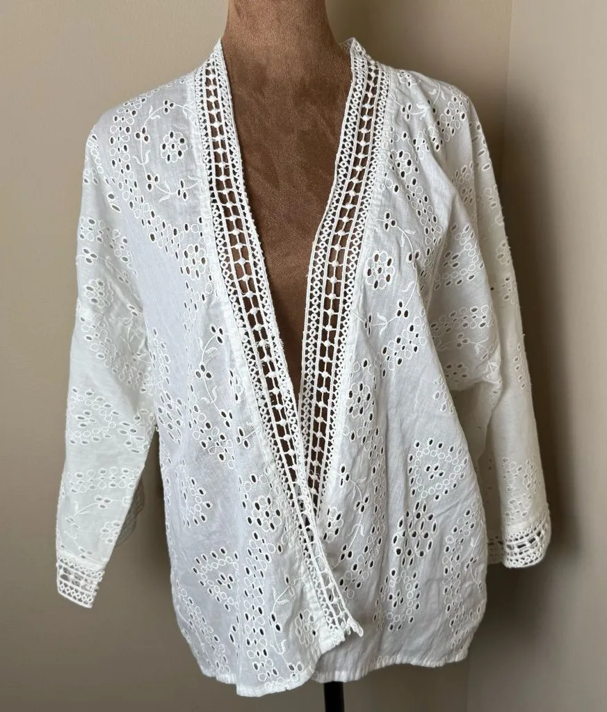 NWT Michael Stars Gardina Wrap Womens Shirt White Eyelet Prairie Cottage Boho - Image 1