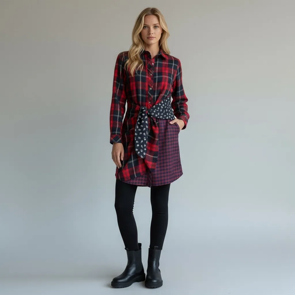 Urban Outfitters Skies Are Blue Red Navy Plaid Mixed Print Shirt Dress Small GUC - Image 10