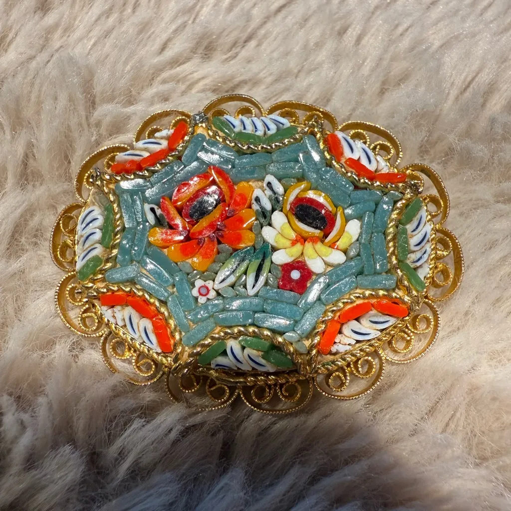 Vintage Gold Micromosaic Micro Mosaic Flower Design‎ Brooch Pin - Image 5