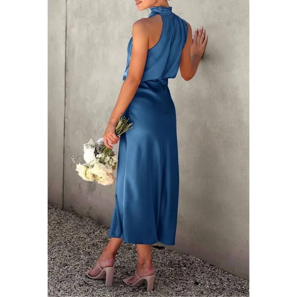 NEW Satin Elegant Sleeveless Mock Neck Cocktail Maxi Dress XS Blue - Image 2