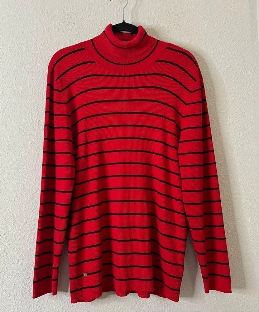 Lauren Ralph Lauren Striped Cotton Blend Ribbed Turtleneck Sweater Red Size 3X - Image 3