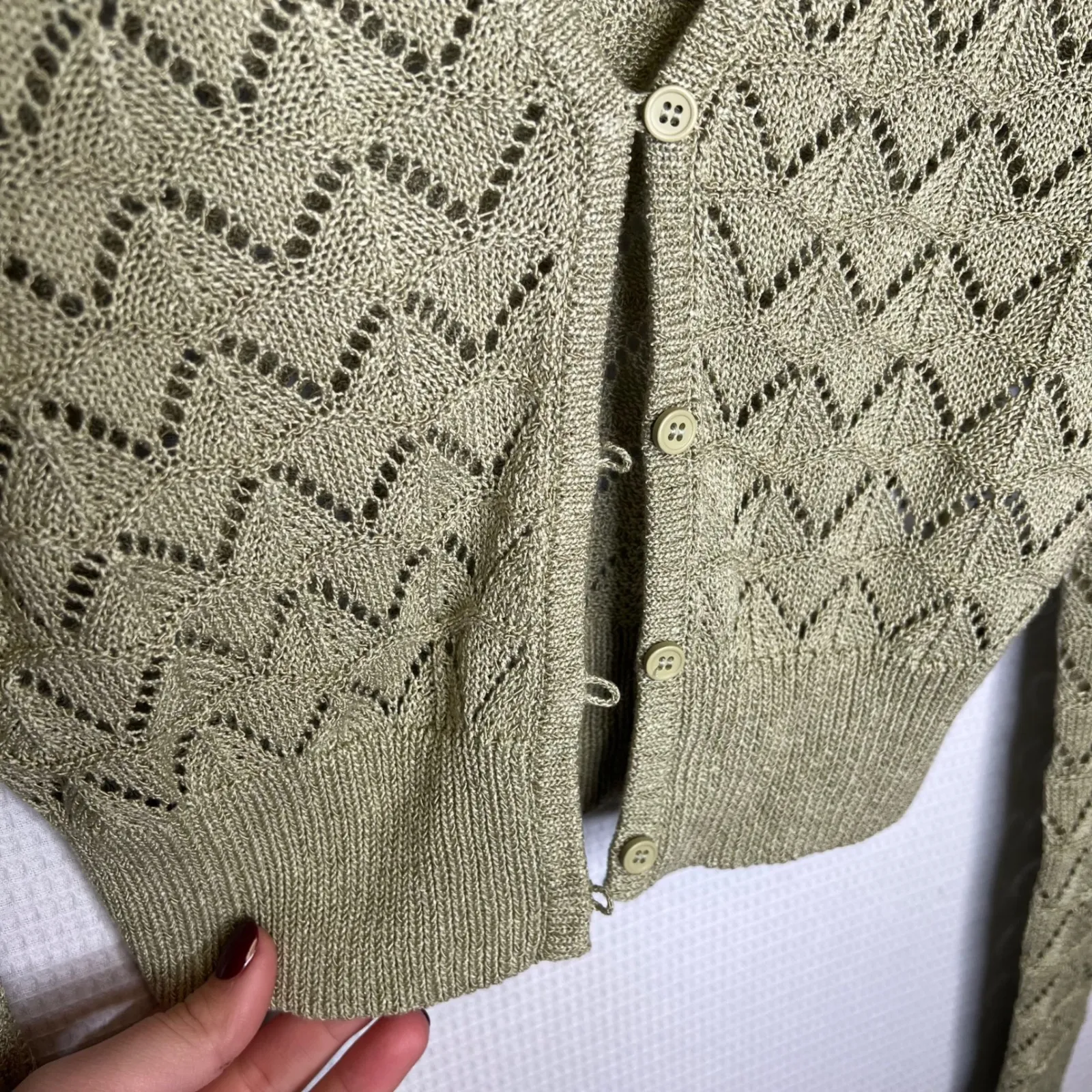 Rhythm Akoia Crochet Knit Cropped Cardigan Sweater Green Womens Small - Image 3