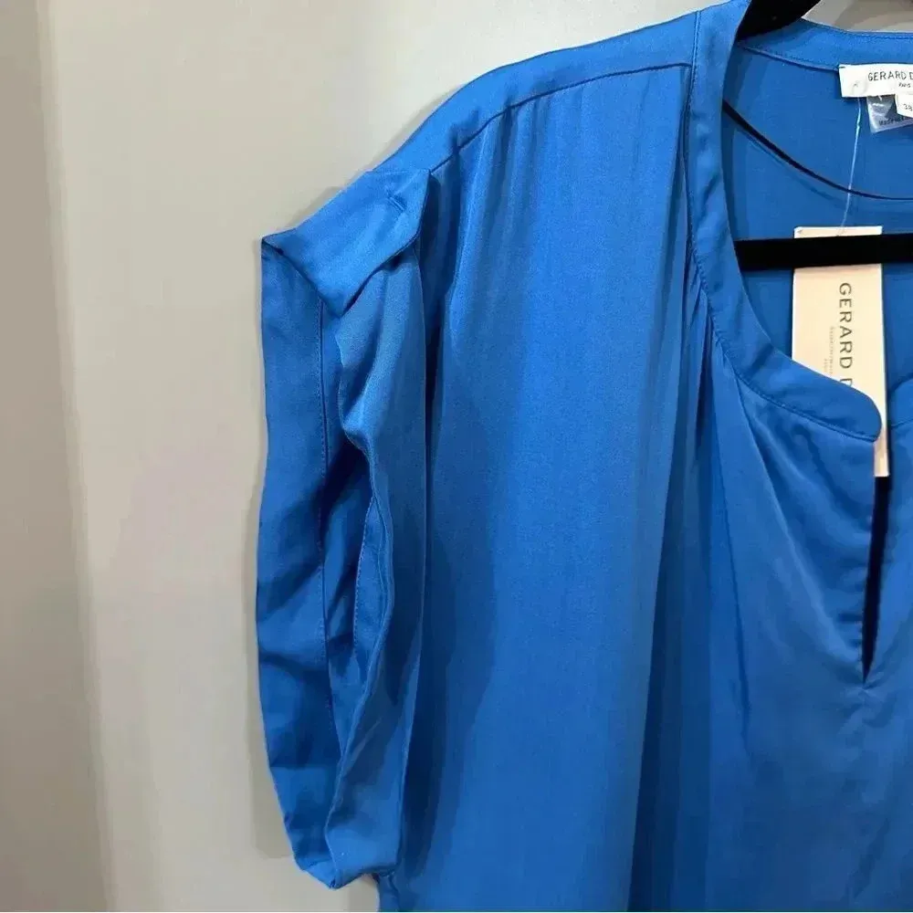 NWT Gerard Darel Shift Dress US Size 6 Royal Blue Short Sleeve Split V Pullover - Image 2