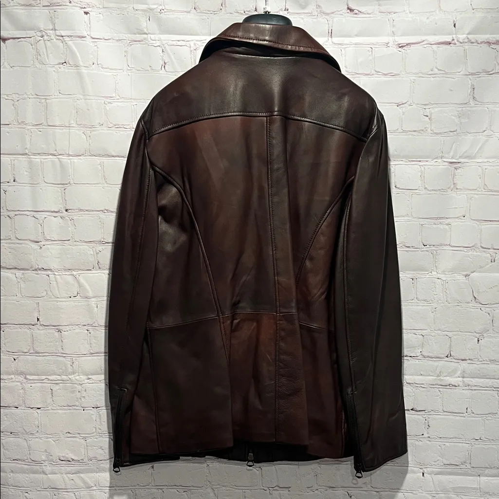 Italian Woman's Brown Leather‎ Zip Up Jacket Made by CURGÈ size 2X EU 54 NWT W18 Size L - Image 3