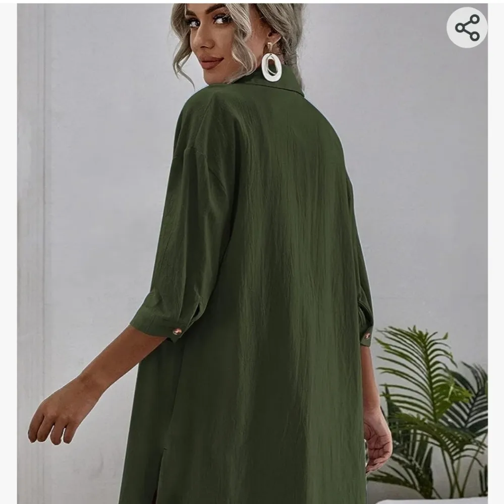 Cotton Linen long sleeve shirt size small women's longer style high low green co - Image 2