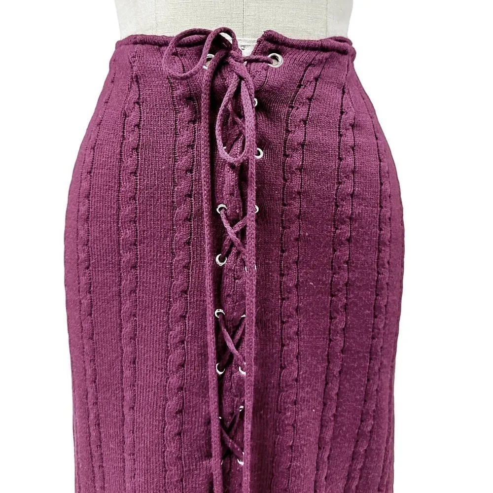 70s VTG Lace Up Front Cable Knit Sweater Skirt Plum Ankle Length Sz S/M Purple Size M - Image 2