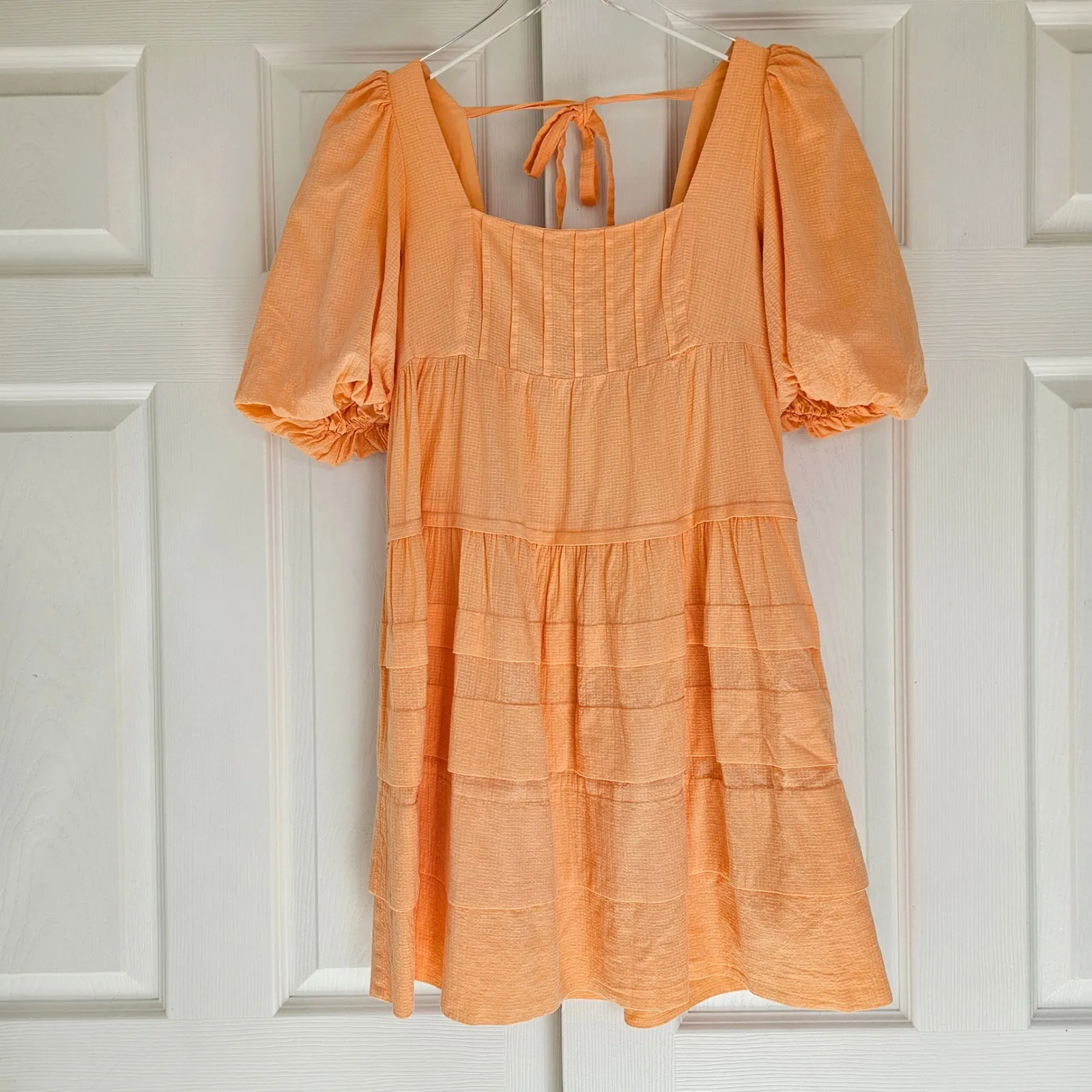 Anthropologie Square Neck Puff Sleeve Orange Dress Size XS Tie Back - Image 10