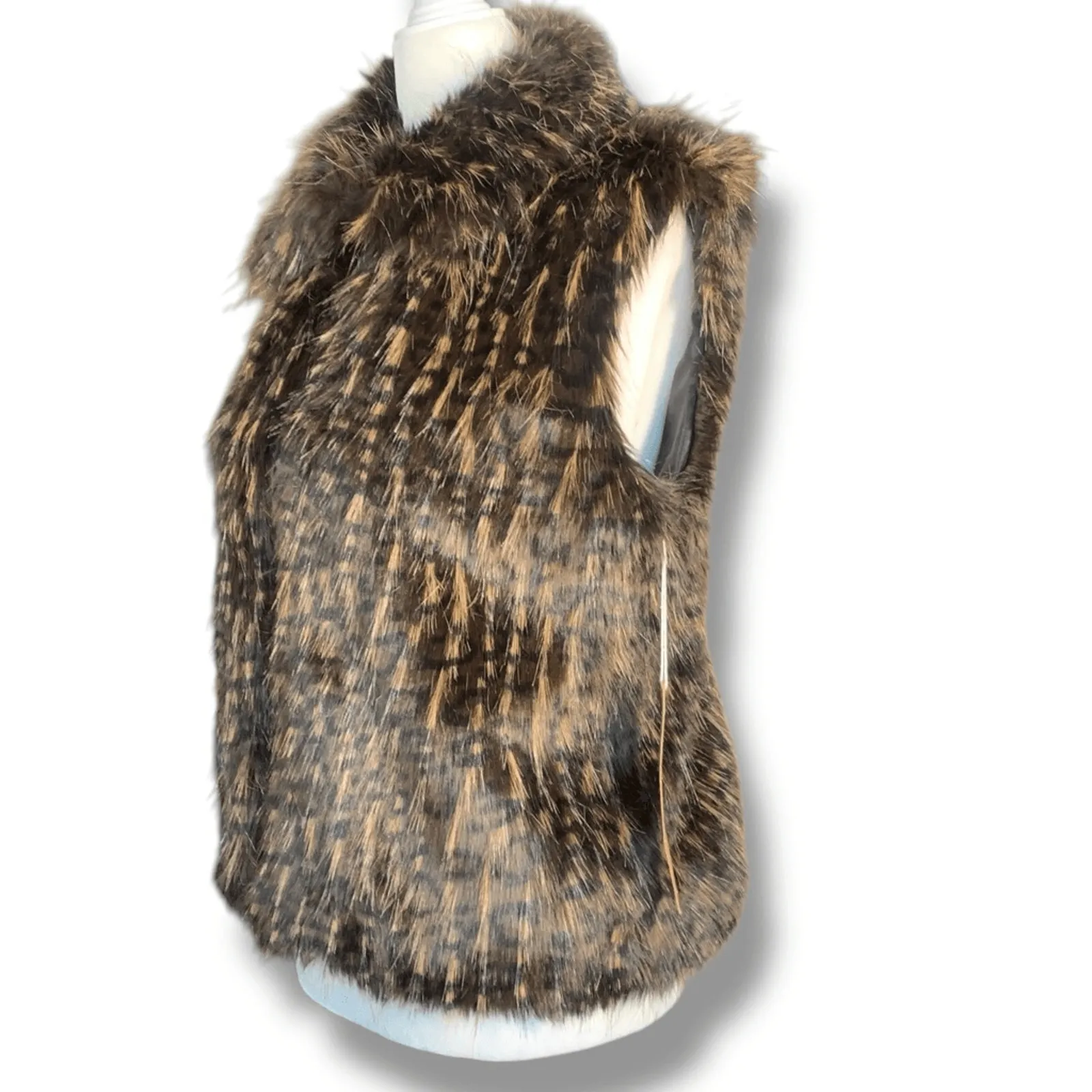 Vintage 90s Faux Fur Vest Brown Black Textured Feathers Small Boho Hippie - Image 7