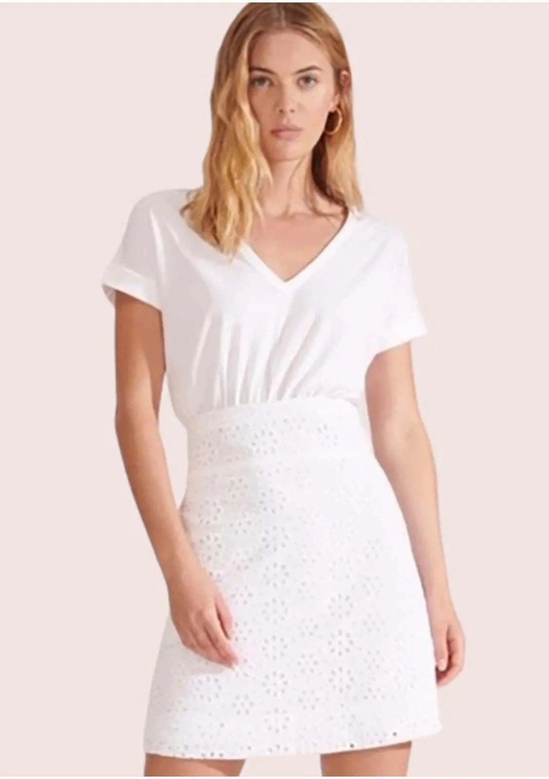 Veronica Beard Jeans Dress Womens Large White Eyelet V-Neck Side Zip Pima Cotton - Image 1