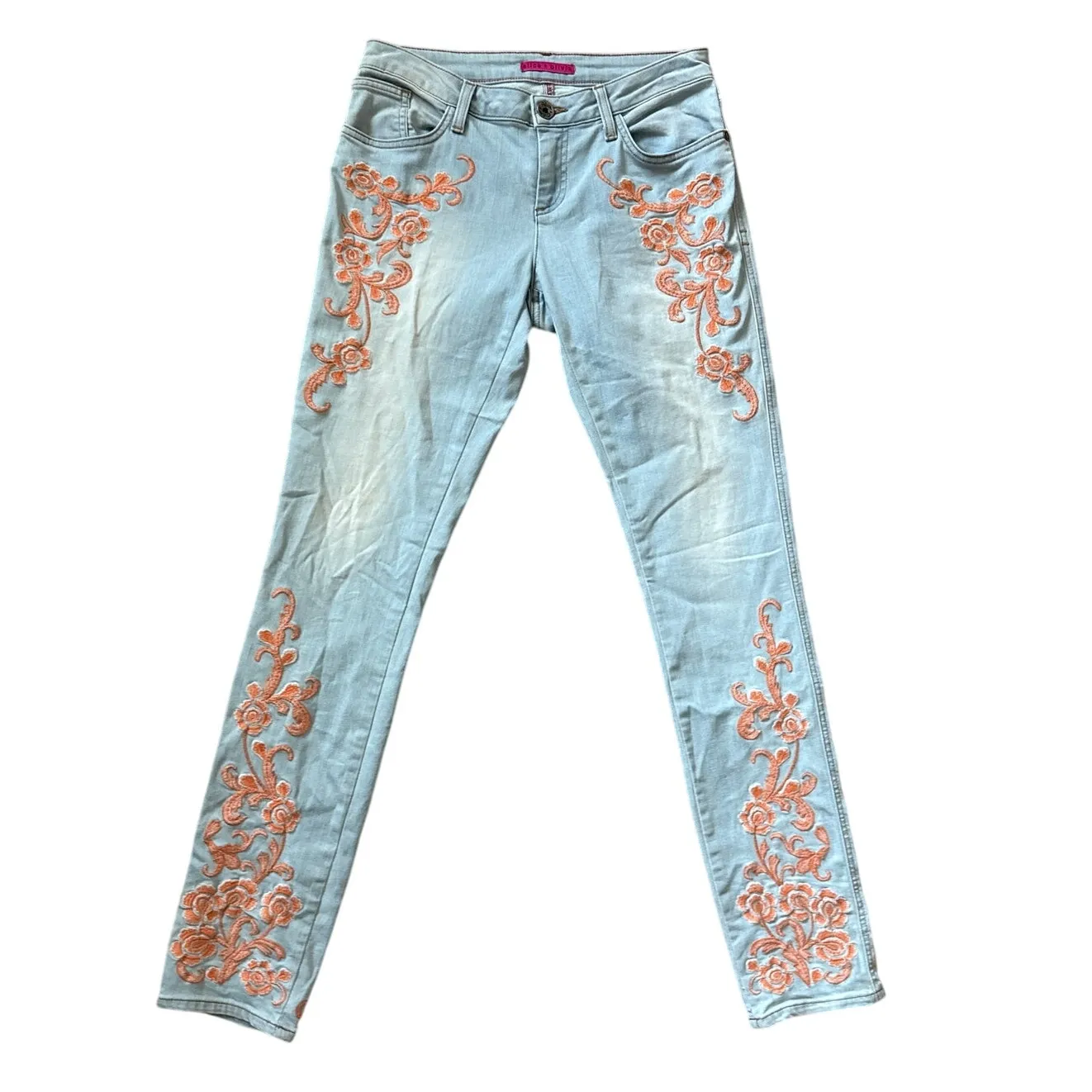 Alice + Olivia Floral Embroidered Skinny Jeans Orange Sorbet Size 30 - Image 2