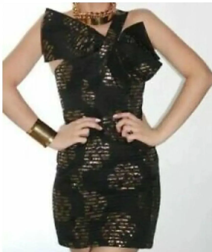 Milly of New York Black Gold Metallic Textured One Shoulder Bow Mini Dre… Size 2 - Image 2