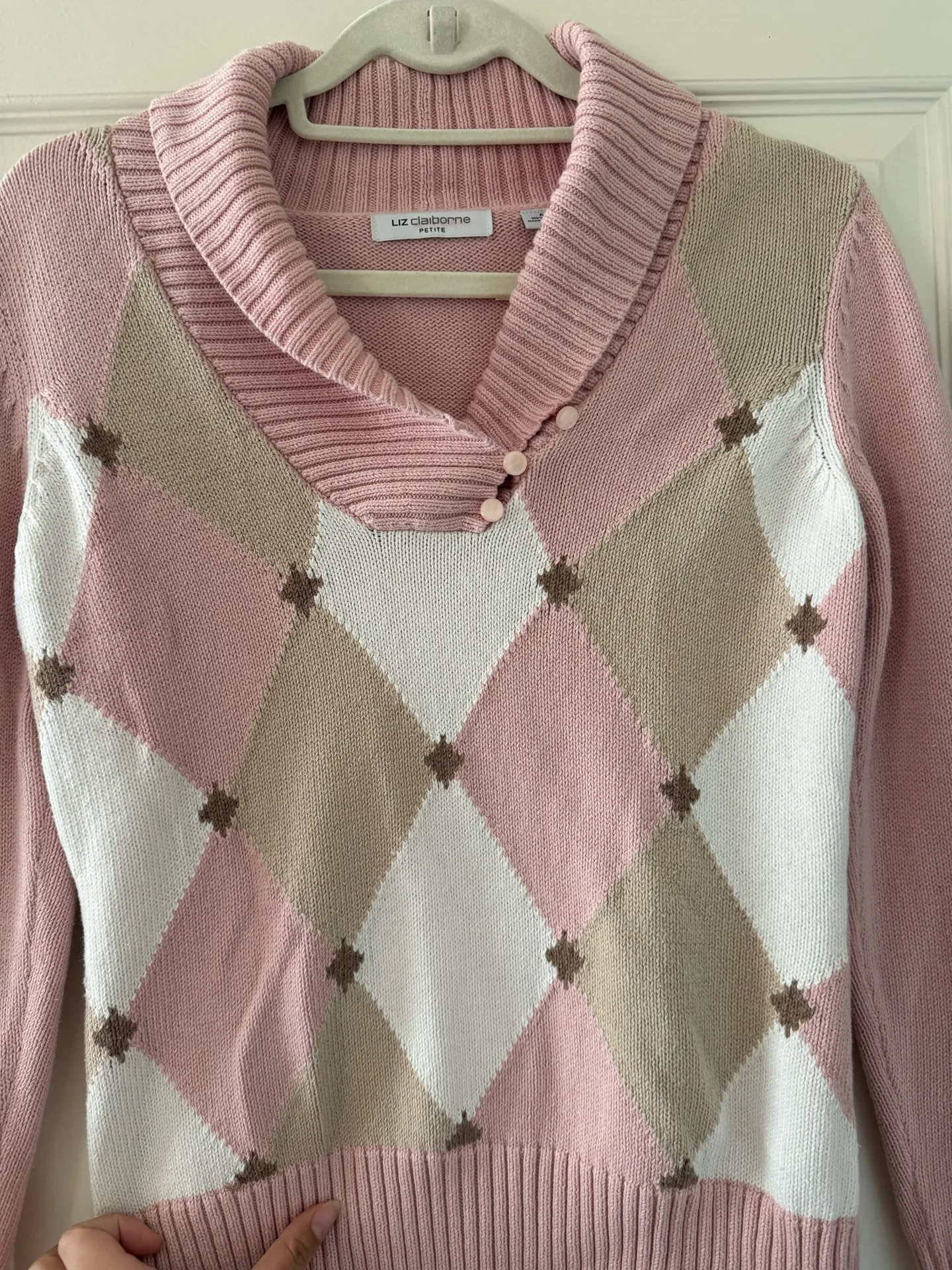 Liz Clayborne Pink, White & Beige Argyle Cotton Knit Sweater - Image 2