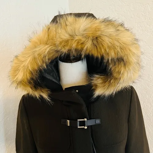 Cole Haan Wool Blend Faux Fur Trim Hooded Coat,‎ Brown, Size 4, NWT - Image 2
