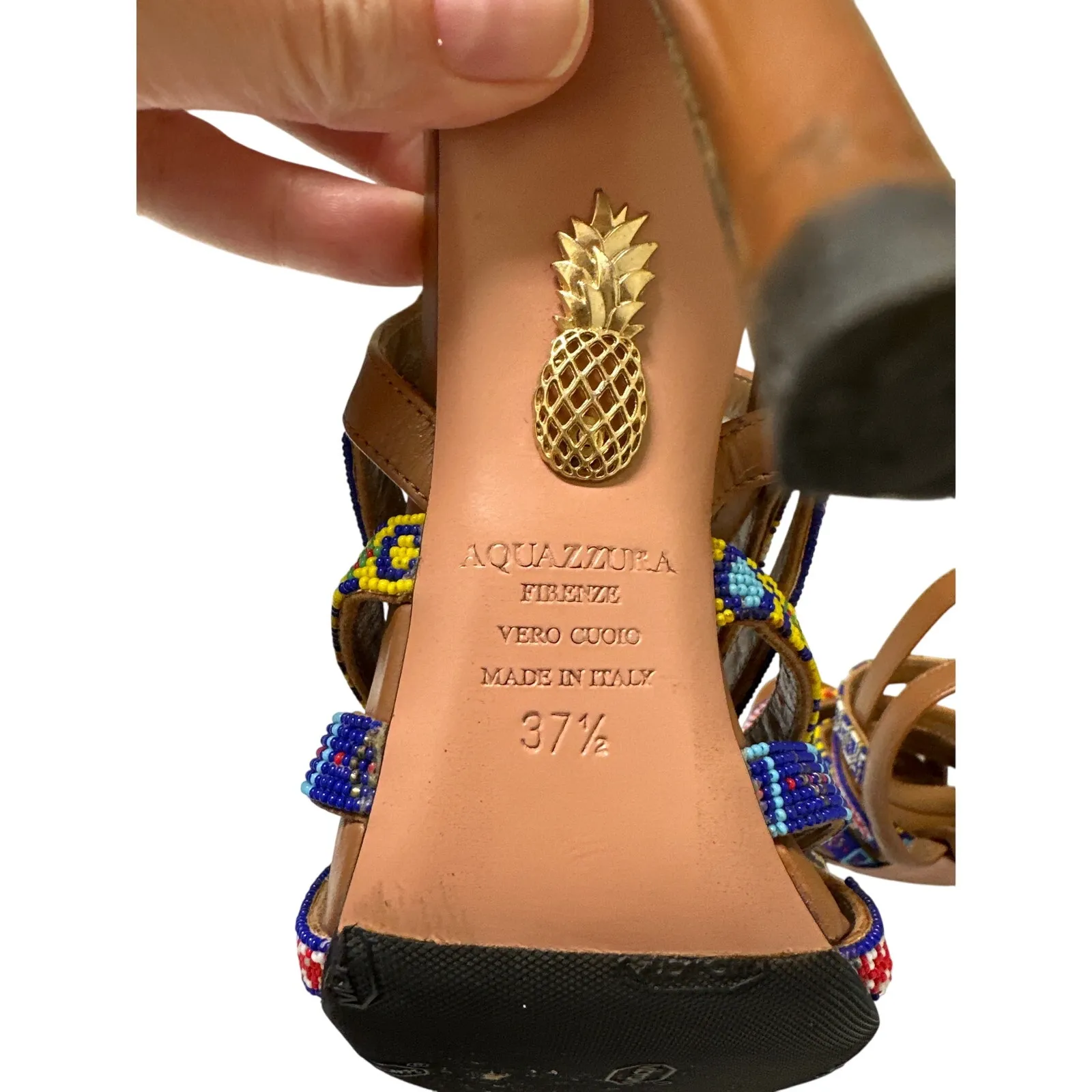 Aquazzura Masai Beaded Leather Strappy Sandals Tan Multicolor 7.5 - Image 10