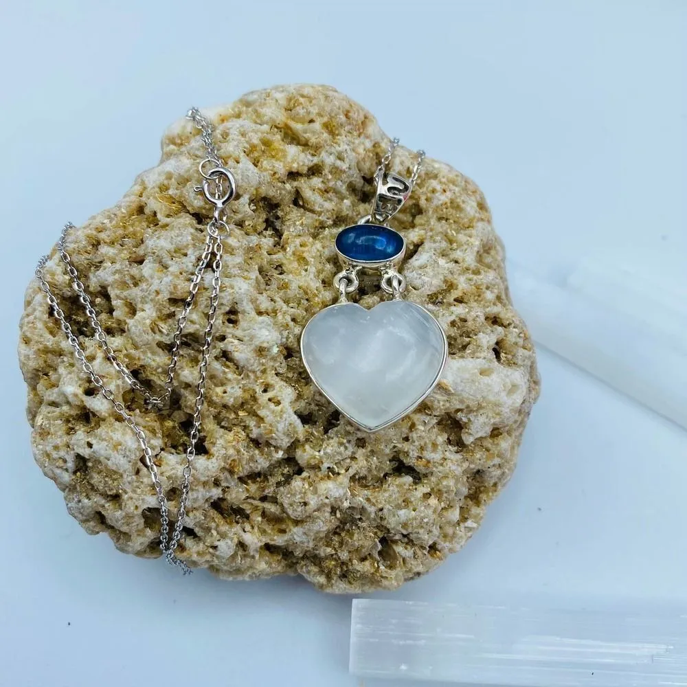 Selenite Divine Light & Kyanite Heart Sterling Silver Pendant Necklace - Image 3