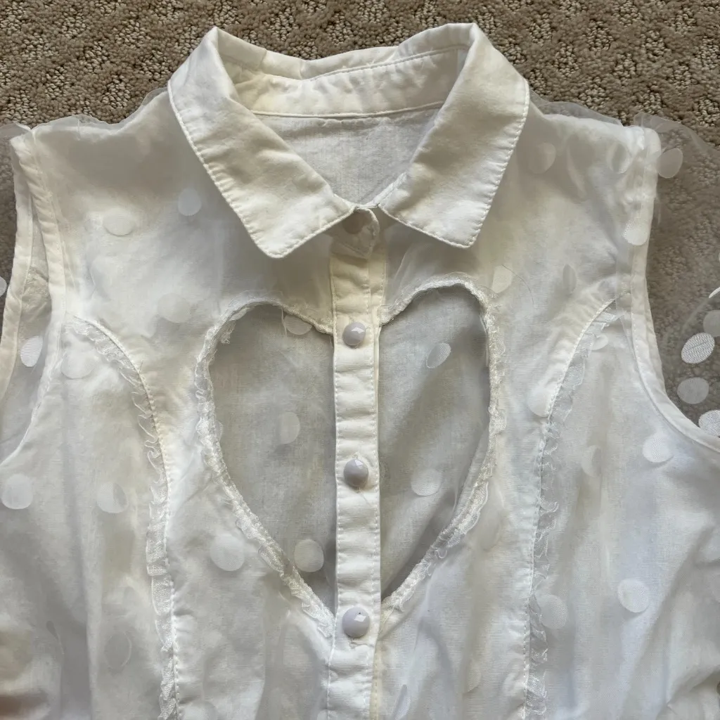 White Mini Dress Polkadots Puff sleeves Heart Cut Out Collar Frill Buttons XS - Image 2