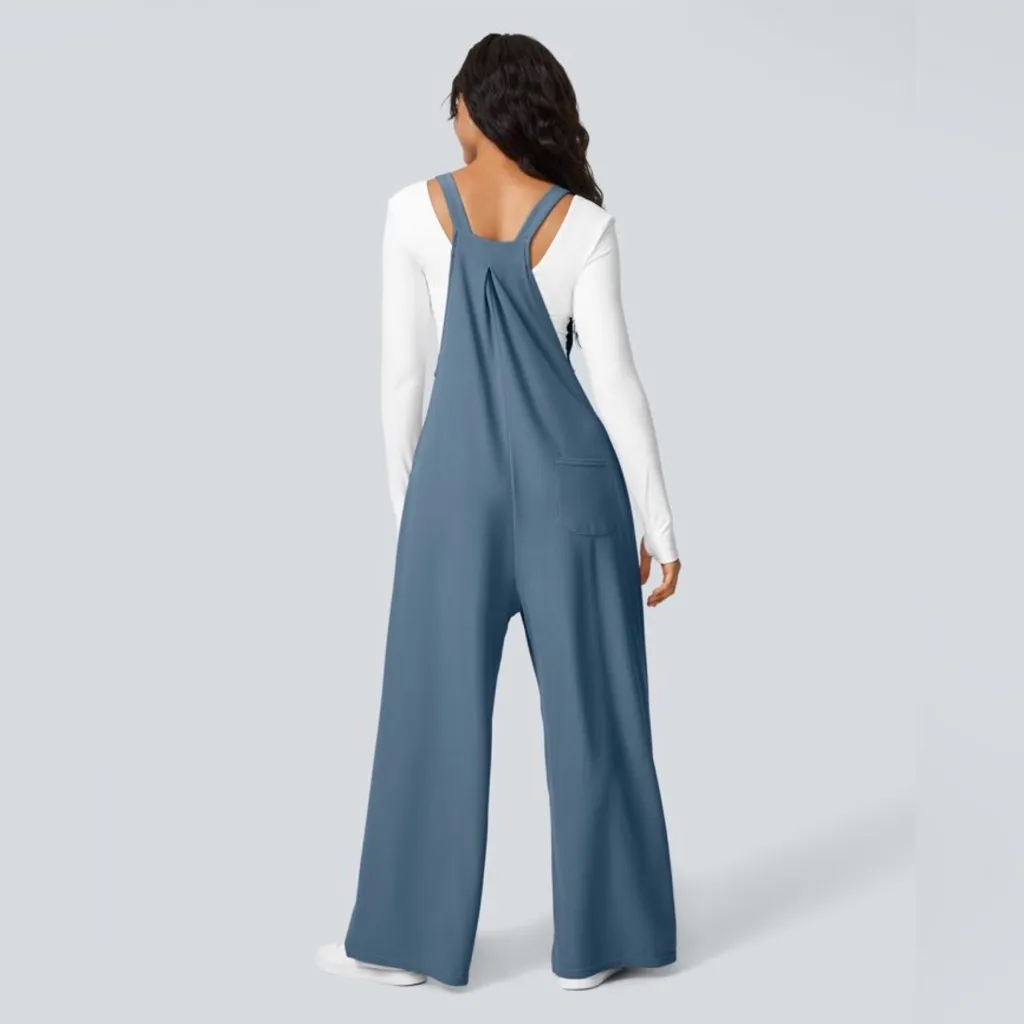 HALARA Adjustable Strap Button Pocket Waffle Knit Casual Wide Leg Overalls - Image 4