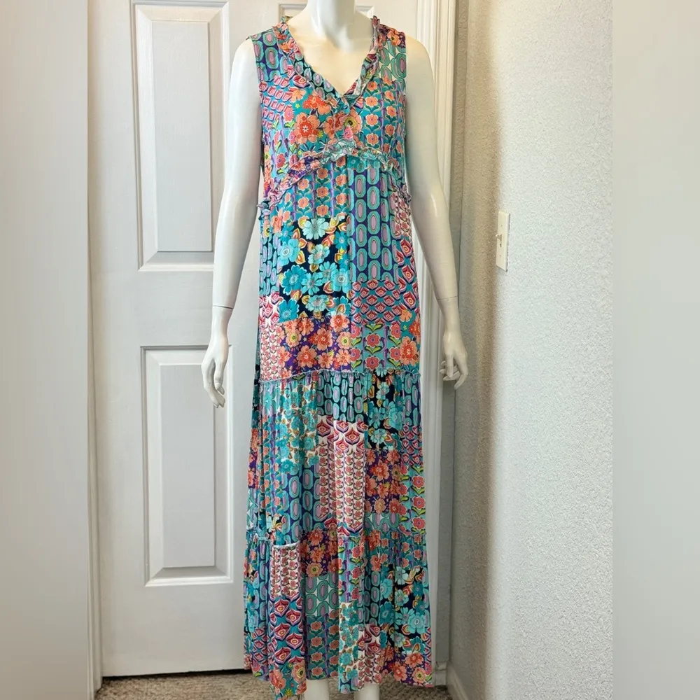TINTA 100% Viscose Made in Spain Colorful Floral Patchwork Maxi Dress F32 Blue Size M - Image 2